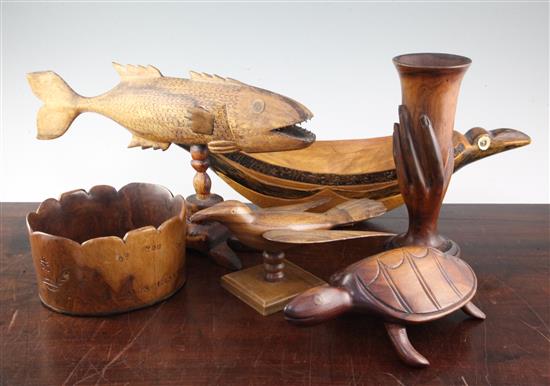 A collection of twenty one Pitcairn Islands souvenir carved hardwood models, diorama 15in.